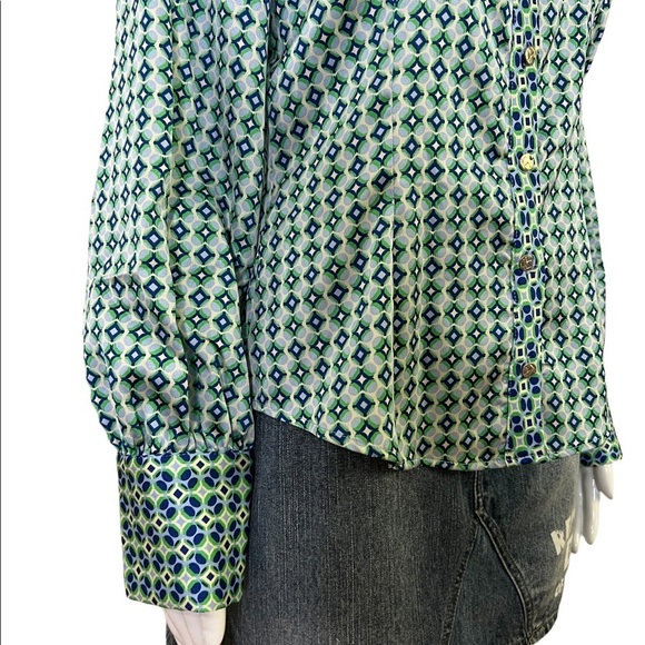 Zara Women Size M Blouse Collarless Long Sleeve Shirt Blue Green Geometric New - Picture 11 of 13
